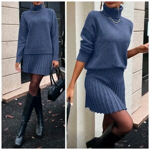 New Chic Two Piece Turtleneck Knit Sweater Pleated Short Skirt Set Blue